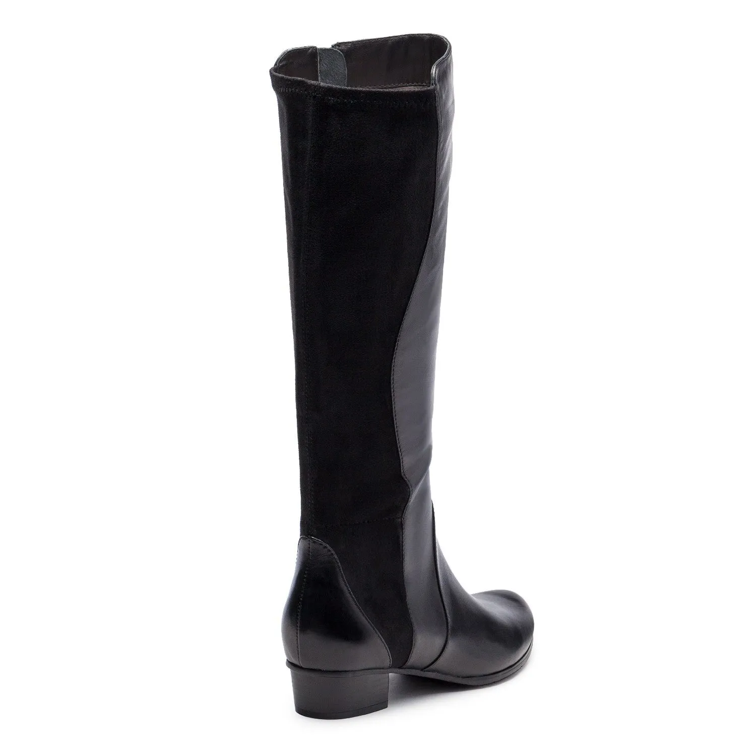 Stefany Knee High Leather and Stretch Low Heel Boot