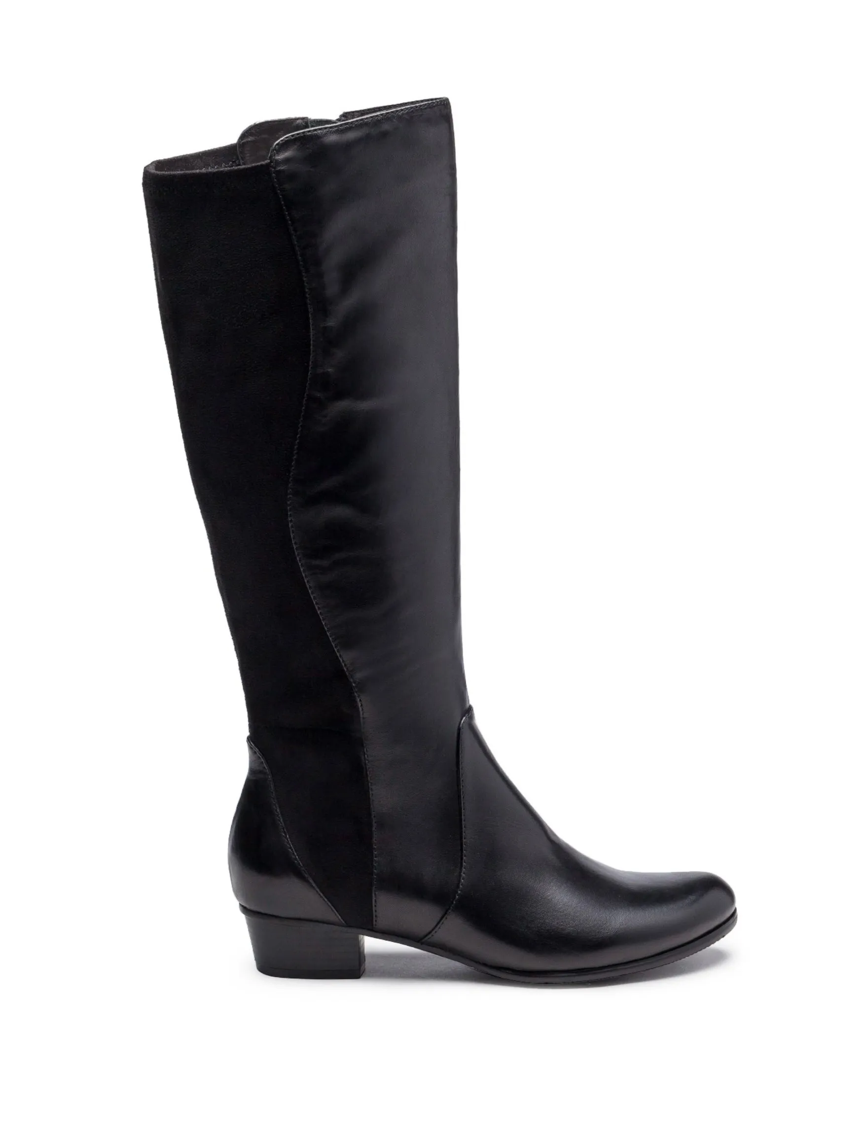Stefany Knee High Leather and Stretch Low Heel Boot