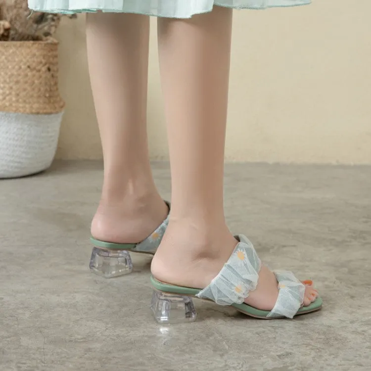 Women's Square Toe Lace Crystal Medium Heel Block Heel Slides Sandals