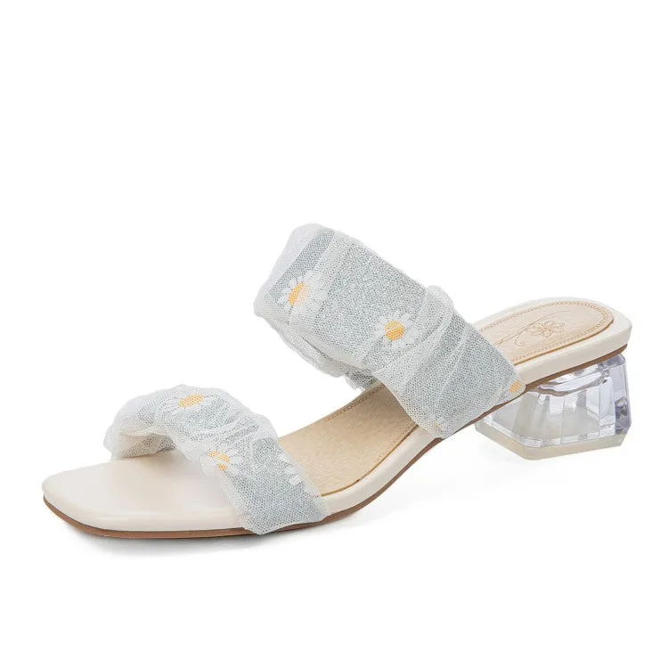 Women's Square Toe Lace Crystal Medium Heel Block Heel Slides Sandals
