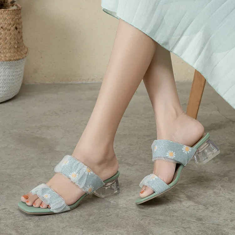 Women's Square Toe Lace Crystal Medium Heel Block Heel Slides Sandals