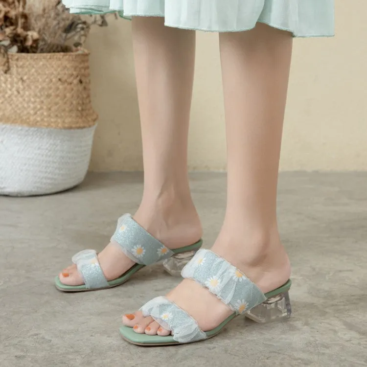 Women's Square Toe Lace Crystal Medium Heel Block Heel Slides Sandals
